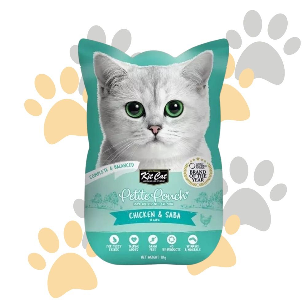 29 كيت كات بيتيت باوتش دجاج وسمك السابا في الأسبك | Kit Cat Petite Pouch Chicken & Saba in Aspic - طعام قطط رطب كامل، خالي من الحبوب للقطط الانتقائية