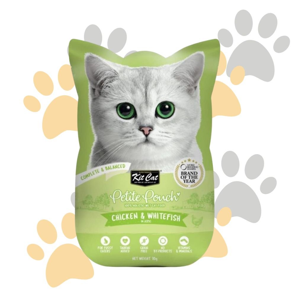 كيت كات بيتيت باوتش دجاج وسمك أبيض في الأسبك | Kit Cat Petite Pouch Chicken & Whitefish in Aspic - طعام قطط رطب كامل، خالي من الحبوب للقطط الانتقائية كيت كات بيتيت باوتش دجاج وسمك أبيض في الأسبك | Kit Cat Petite Pouch Chicken & Whitefish in Aspic - طعام قطط رطب كامل، خالي من الحبوب للقطط الانتقائية