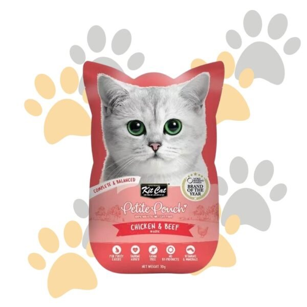 كيت كات بيتيت باوتش دجاج ولحم بقري في الأسبك | Kit Cat Petite Pouch Chicken & Beef in Aspic - طعام قطط رطب كامل، خالي من الحبوب للقطط الانتقائية