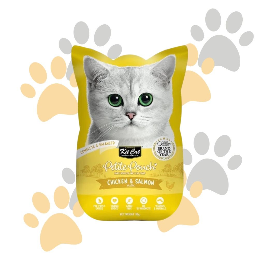 كيت كات بيتيت باوتش دجاج وسلمون في الأسبك | Kit Cat Petite Pouch Chicken & Salmon in Aspic - طعام قطط رطب كامل، خالي من الحبوب للقطط الانتقائية كيت كات بيتيت باوتش دجاج وسلمون في الأسبك | Kit Cat Petite Pouch Chicken & Salmon in Aspic - طعام قطط رطب كامل، خالي من الحبوب للقطط الانتقائية