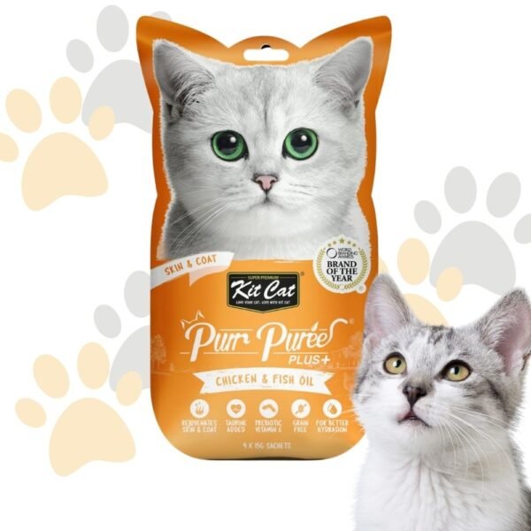 كيت كات بيوريه بلس+ للعناية بالجلد والفرو بالدجاج وزيت السمك | Kit Cat Purr Puree Plus+ Skin & Coat Chicken & Fish Oil - مكافأة قطط كريمية لفرو صحي ولامع في مصر