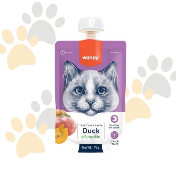 وانبي معجون اللحم اللذيذ بالبط واليقطين | Wanpy Tasty Meat Paste - Duck & Pumpkin - طعام قطط رطب، يدعم الهضم الصحي، قابل للعق