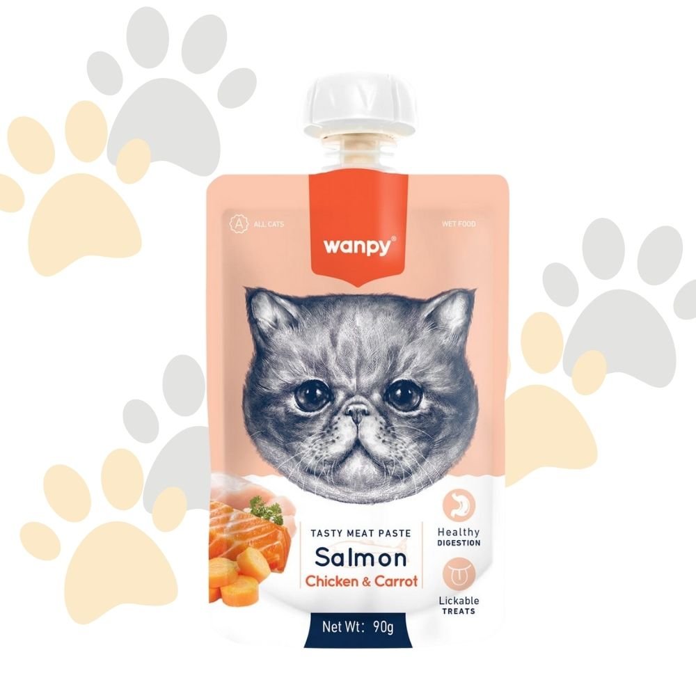wanpy Treats meat paste Salmon chicken carrot (90 gوانبي مكافآت معجون اللحم للقطط | سلمون، دجاج وجزر وانبي معجون اللحم اللذيذ بالسلمون والدجاج والجزر | Wanpy Tasty Meat Paste - Salmon, Chicken & Carrot - طعام قطط رطب، يدعم الهضم، قابل للعق