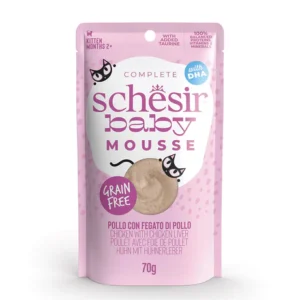 شيزر بيبي موس للقطط الصغيرة بالدجاج وكبد الدجاج (2+ أشهر) | Schesir Baby Mousse Chicken with Chicken Liver - طعام كيتن رطب مع DHA وتورين، خالي من الحبوب