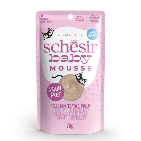 شيزر بيبي موس للقطط الصغيرة بالدجاج وكبد الدجاج (2+ أشهر) | Schesir Baby Mousse Chicken with Chicken Liver - طعام كيتن رطب مع DHA وتورين، خالي من الحبوب