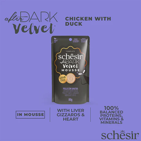 شيزر أفتر دارك فيلفت موس بالدجاج والبط | Schesir After Dark Velvet Mousse Chicken with Duck - طعام قطط رطب فاخر، غني بالأعضاء، خالي من الحبوب